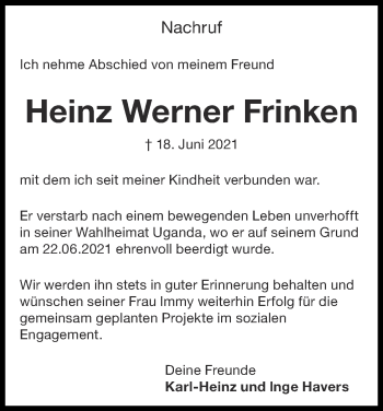 Traueranzeige von Heinz Werner Frinken von Zeitung am Sonntag