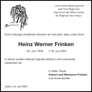Traueranzeige von Heinz Werner Frinken von Zeitung am Sonntag
