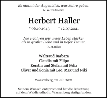 Traueranzeige von Herbert Haller von Zeitung am Sonntag