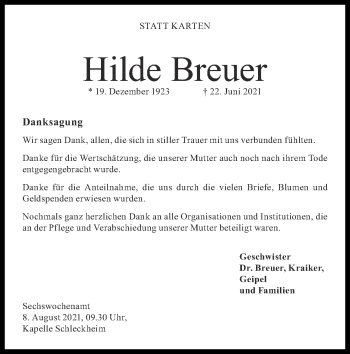Traueranzeige von Hilde Breuer von Zeitung am Sonntag