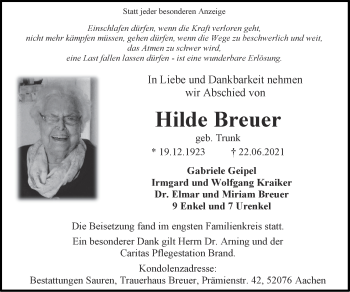 Traueranzeige von Hilde Breuer von Zeitung am Sonntag