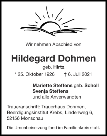 Traueranzeige von Hildegard Dohmen von Zeitung am Sonntag