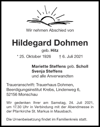 Traueranzeige von Hildegard Dohmen von Zeitung am Sonntag