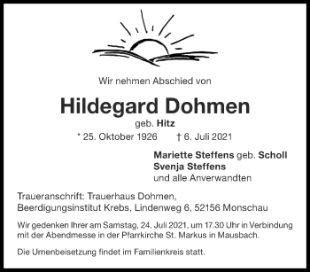 Traueranzeige von Hildegard Dohmen von Aachener Zeitung / Aachener Nachrichten