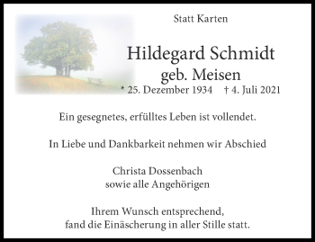 Traueranzeige von Hildegard Schmidt von Aachener Zeitung / Aachener Nachrichten