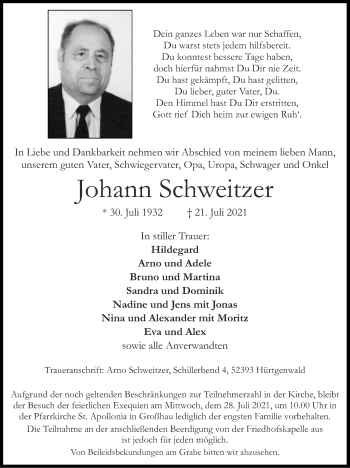 Traueranzeige von Johann Schweitzer von Zeitung am Sonntag