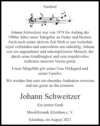 Traueranzeige von Johann Schweitzer von Zeitung am Sonntag