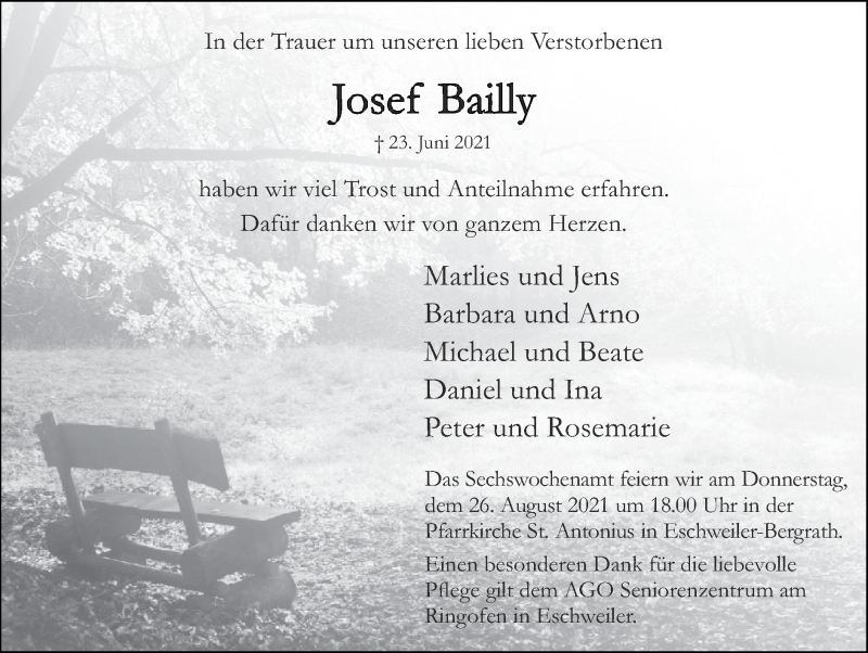  Traueranzeige für Josef Bailly vom 01.08.2021 aus Zeitung am Sonntag
