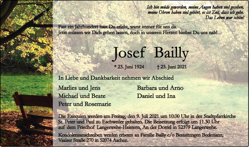 Traueranzeigen Von Josef Bailly Aachen Gedenkt