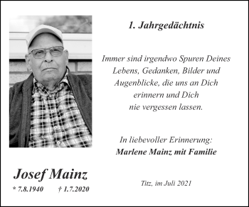 Traueranzeige von Josef Mainz von Zeitung am Sonntag