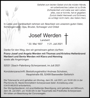 Traueranzeige von Josef Werden von Zeitung am Sonntag