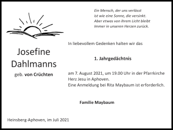 Traueranzeige von Josefine Dahlmanns von Zeitung am Sonntag