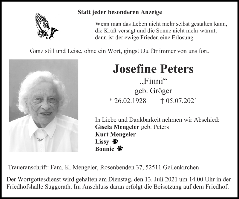 Traueranzeigen von Josefine Peters | Aachen gedenkt