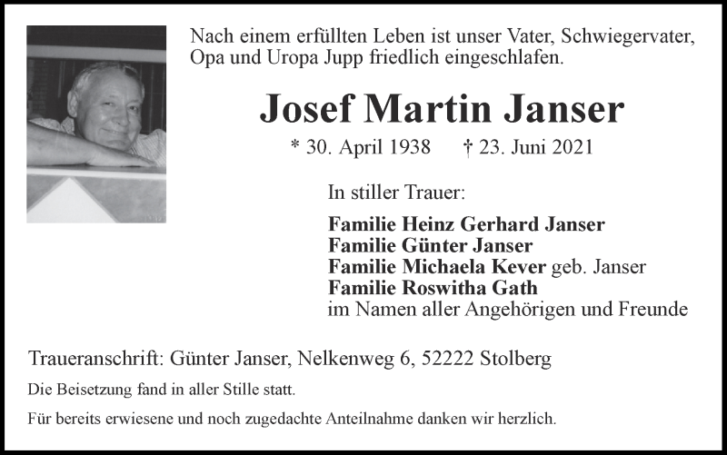  Traueranzeige für Josef Martin Janser vom 18.07.2021 aus Zeitung am Sonntag