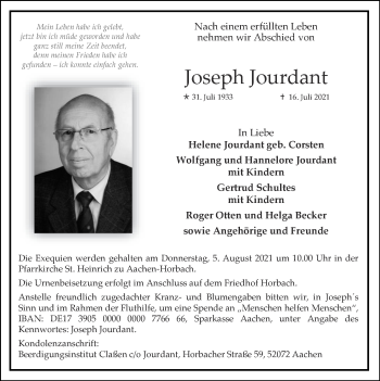 Traueranzeige von Joseph Jourdant von Zeitung am Sonntag
