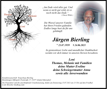 Traueranzeige von Jürgen Bierling von Zeitung am Sonntag