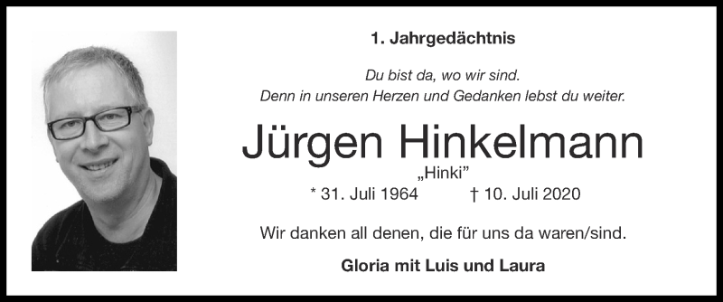  Traueranzeige für Jürgen Hinkelmann vom 11.07.2021 aus Zeitung am Sonntag