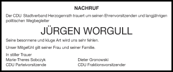Traueranzeige von Jürgen Worgull von Zeitung am Sonntag