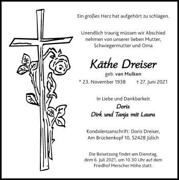 Traueranzeige von Käthe Dreiser von Zeitung am Sonntag