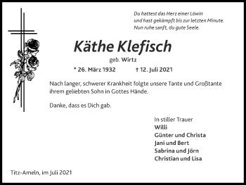Traueranzeige von Käthe Klefisch von Zeitung am Sonntag