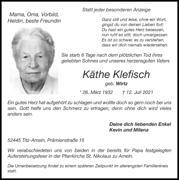 Traueranzeige von Käthe Klefisch von Zeitung am Sonntag