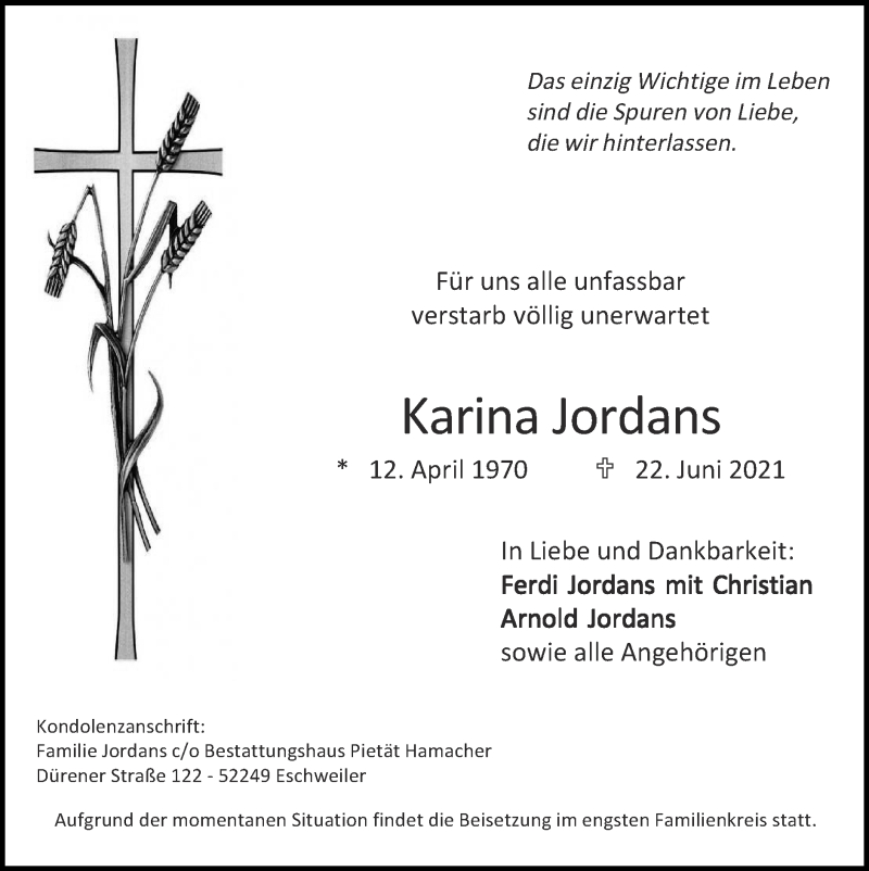  Traueranzeige für Karina Jordans vom 04.07.2021 aus Zeitung am Sonntag