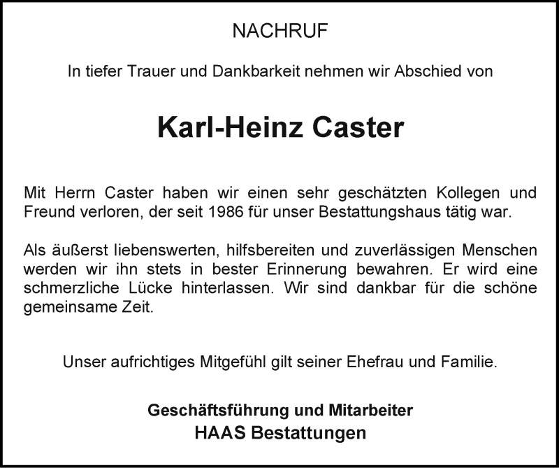  Traueranzeige für Karl-Heinz Caster vom 04.07.2021 aus Zeitung am Sonntag