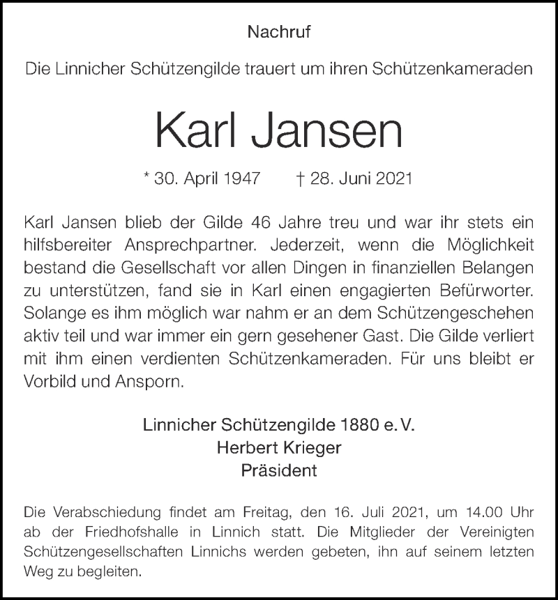  Traueranzeige für Karl Jansen vom 11.07.2021 aus Zeitung am Sonntag