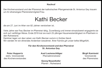 Traueranzeige von Kathi Becker von Zeitung am Sonntag