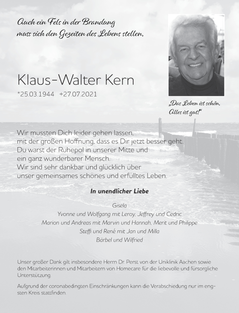  Traueranzeige für Klaus-Walter Kern vom 31.07.2021 aus Aachener Zeitung / Aachener Nachrichten