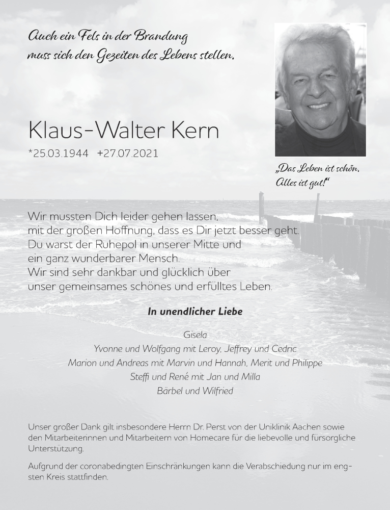  Traueranzeige für Klaus-Walter Kern vom 01.08.2021 aus Zeitung am Sonntag