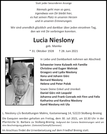 Traueranzeige von Lucia Nieslony von Zeitung am Sonntag