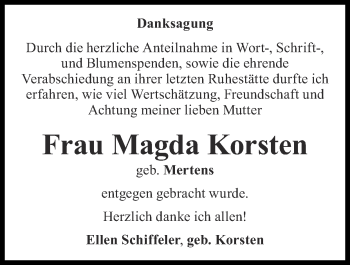 Traueranzeige von Magda Korsten von Zeitung am Sonntag