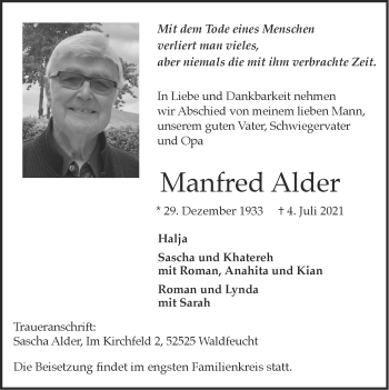 Traueranzeige von Manfred Alder von Zeitung am Sonntag