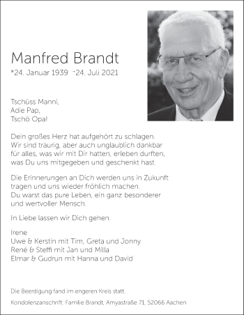 Traueranzeige von Manfred Brandt von Aachener Zeitung / Aachener Nachrichten