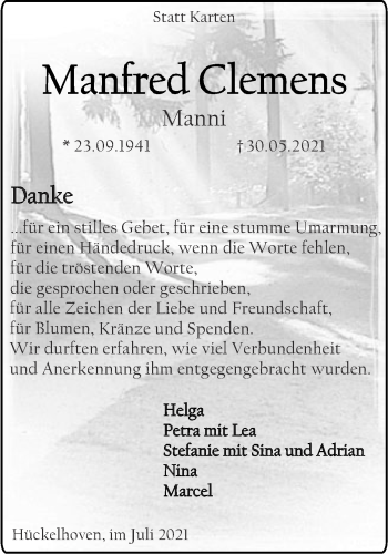 Traueranzeige von Manfred Clemens von Zeitung am Sonntag