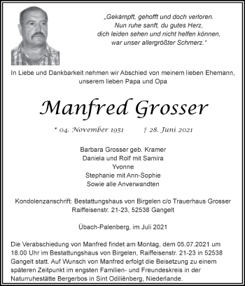 Traueranzeige von Manfred Grosser von Zeitung am Sonntag