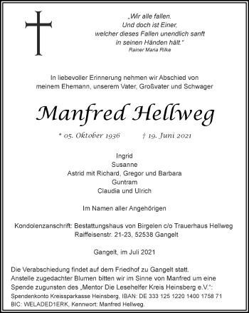 Traueranzeige von Manfred Hellweg von Zeitung am Sonntag