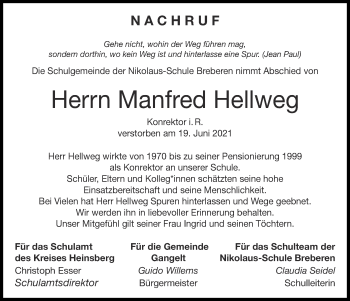 Traueranzeige von Manfred Hellweg von Zeitung am Sonntag