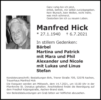 Traueranzeige von Manfred Hick von Aachener Zeitung / Aachener Nachrichten