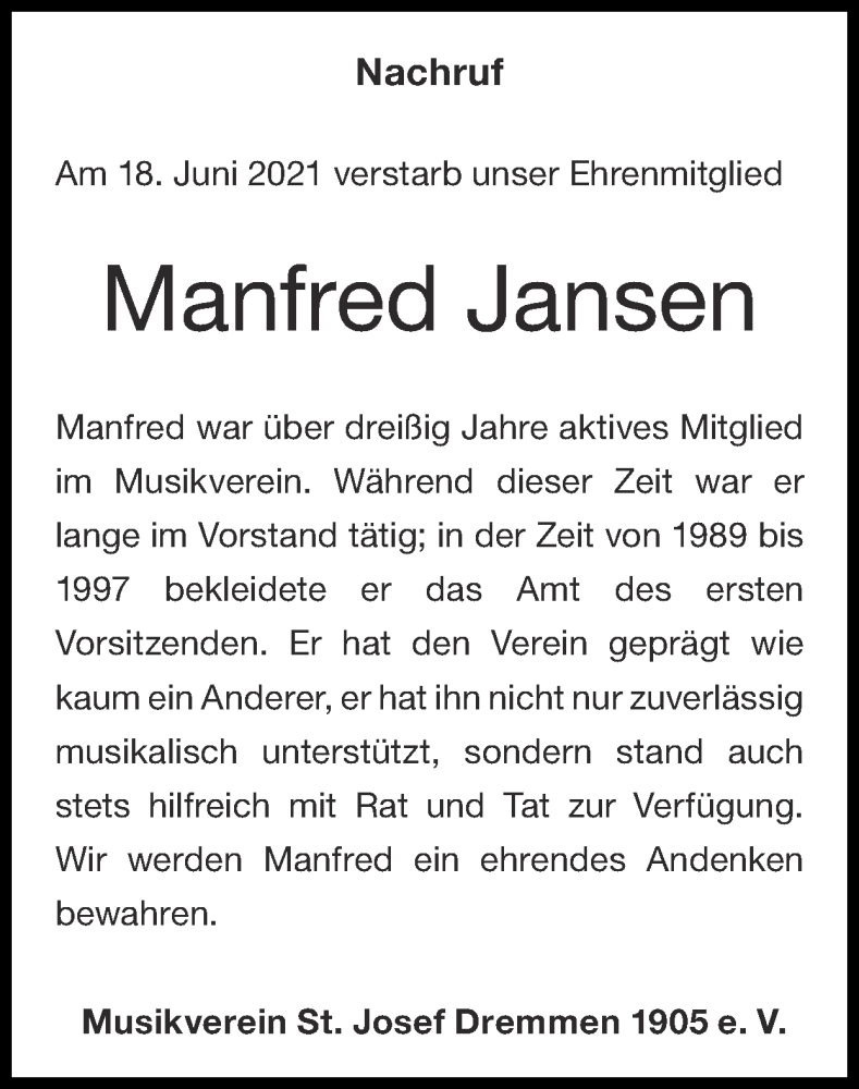  Traueranzeige für Manfred Jansen vom 04.07.2021 aus Zeitung am Sonntag