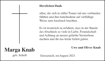 Traueranzeige von Marga Knab von Zeitung am Sonntag