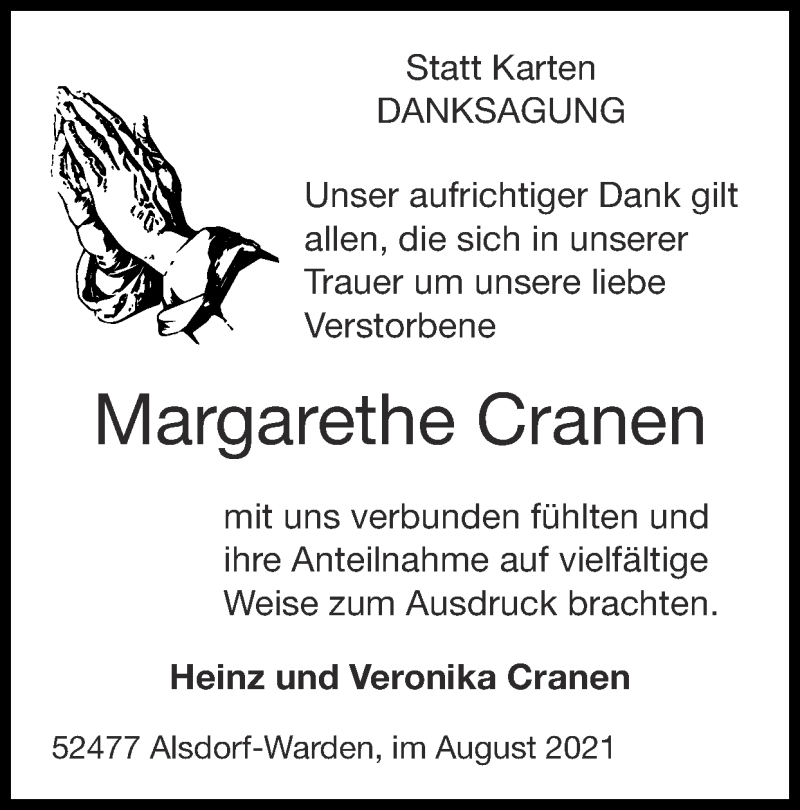  Traueranzeige für Margarethe Cranen vom 01.08.2021 aus Zeitung am Sonntag