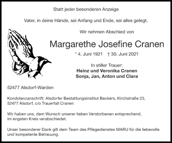 Traueranzeige von Margarethe Josefine Cranen von Zeitung am Sonntag