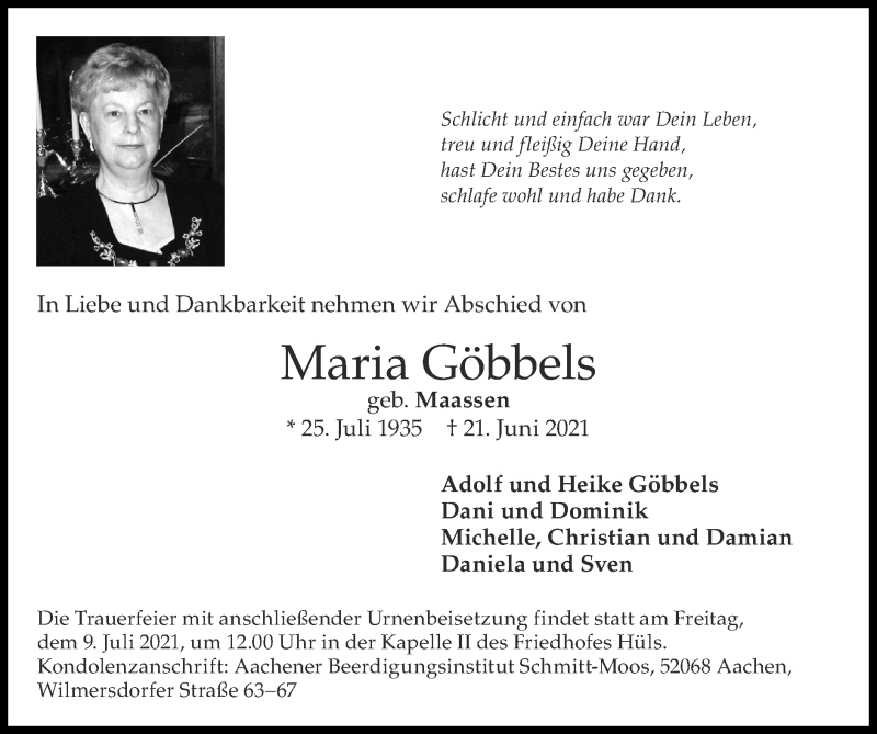  Traueranzeige für Maria Göbbels vom 04.07.2021 aus Zeitung am Sonntag