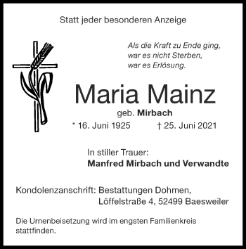 Traueranzeige von Maria Mainz von Zeitung am Sonntag