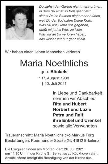 Traueranzeige von Maria Noethlichs von Zeitung am Sonntag