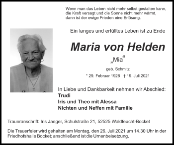 Traueranzeige von Maria von Helden von Zeitung am Sonntag