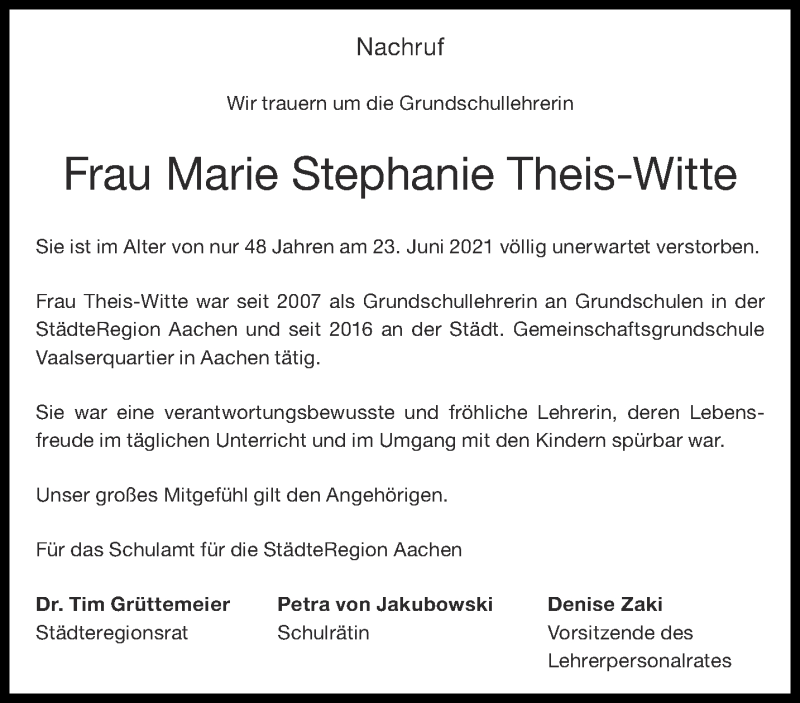  Traueranzeige für Marie Stephanie Theis-Witte vom 03.07.2021 aus Aachener Zeitung / Aachener Nachrichten