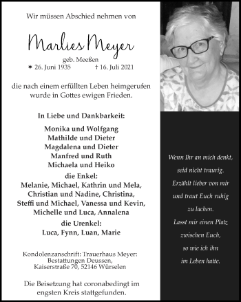 Traueranzeige von Marlies Meyer von Zeitung am Sonntag